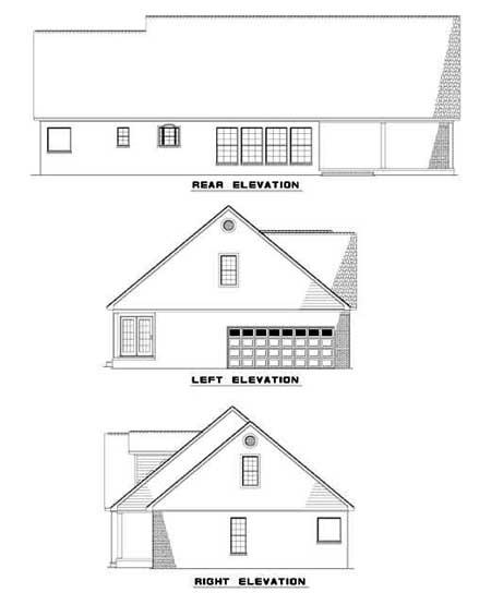Rear, left, and right elevations of a house plan featuring a gabled roof, garage, and covered porch.