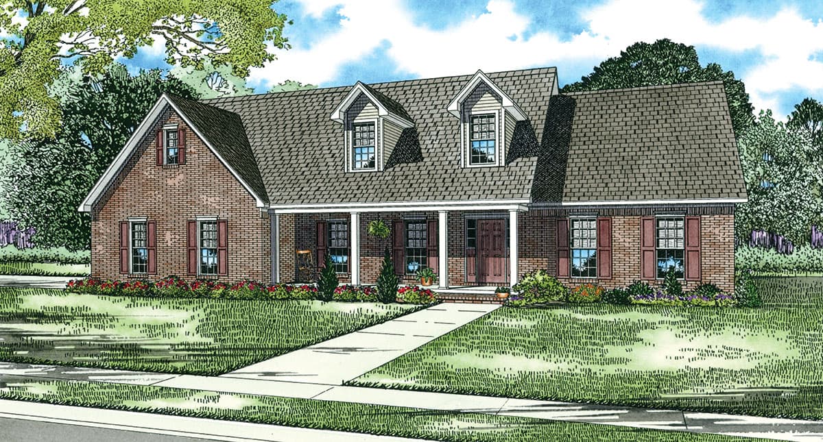 House plan exterior of a one-story brick home with a gabled front, a covered porch, and two dormer windows.