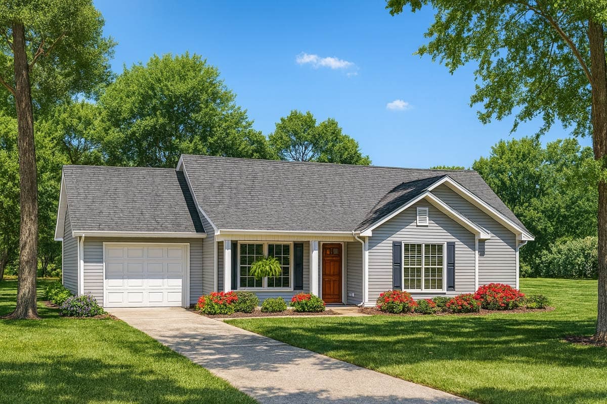 House plan exterior: Ranch style, one story, siding, gabled roof, attached garage, covered entry porch, dormer.