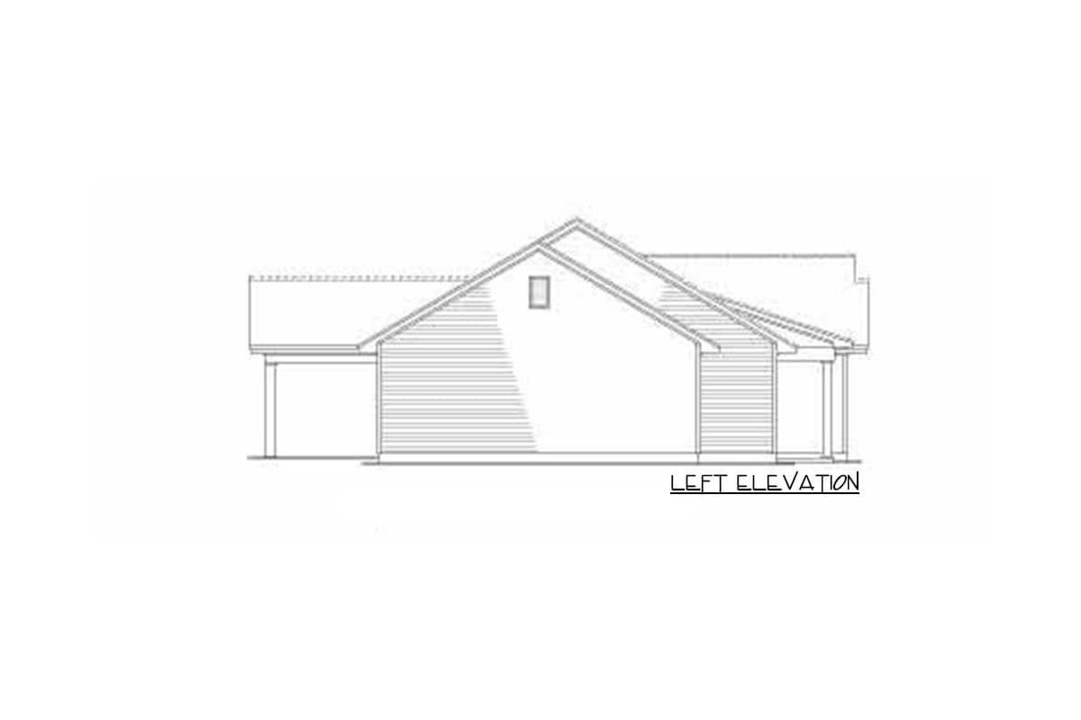 Left elevation drawing of a house plan showing a gable roof, shed dormer, and attached garage with a covered entry.