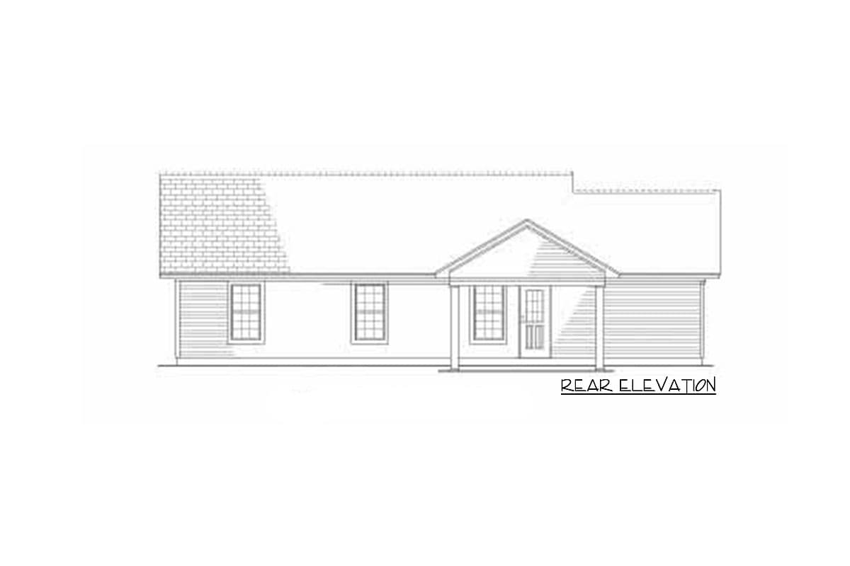 Rear elevation drawing of a one-story house with a covered entry, gable, and pitched rooflines.