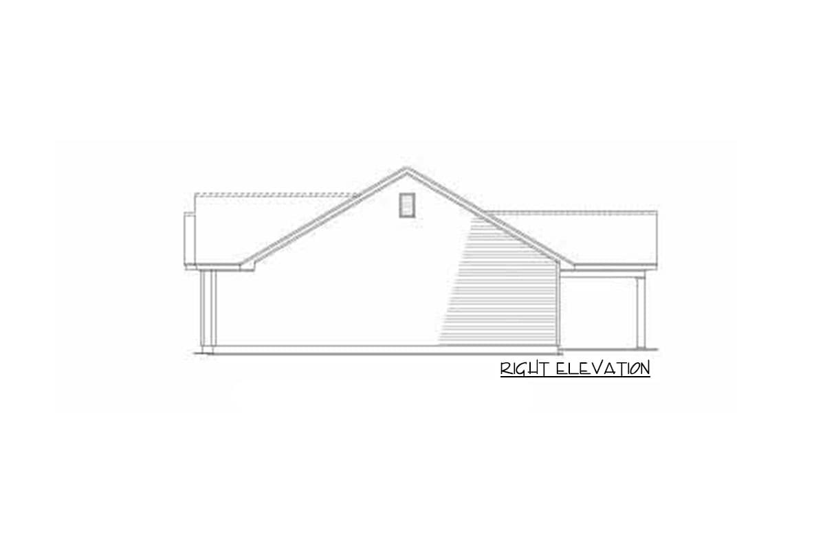 House plan right elevation showing a gabled roofline, a small dormer window, and siding detail.