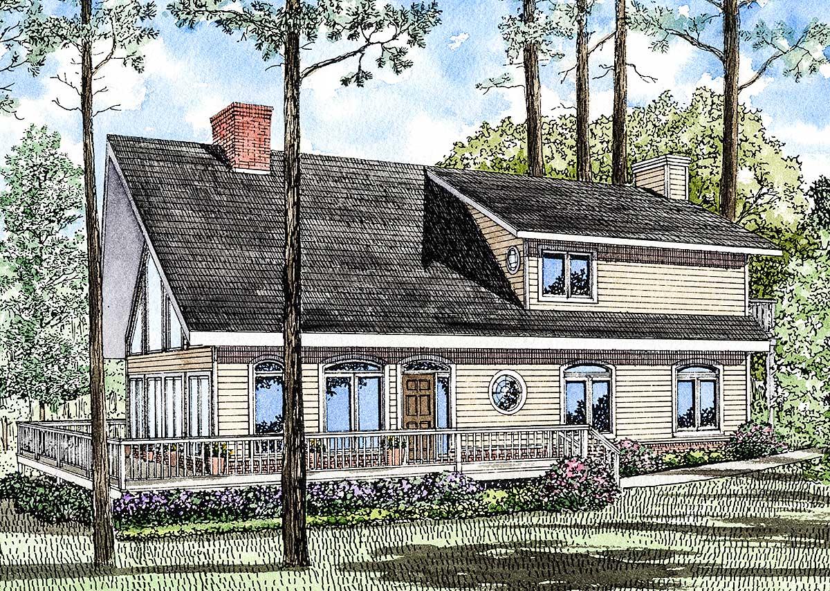 House plan exterior: Two-story residence with a prominent gable, wrap-around porch, large windows, and a brick chimney.