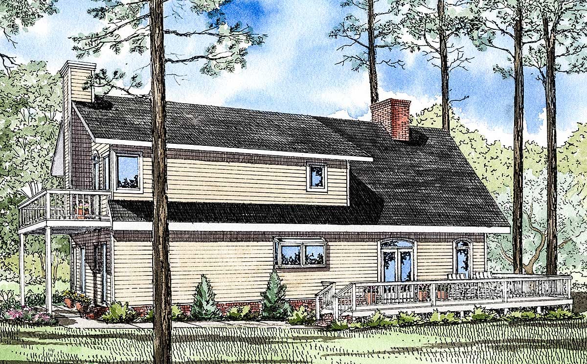 House plan exterior: Two-story home with a prominent brick chimney, upper-level balcony, and wraparound deck.