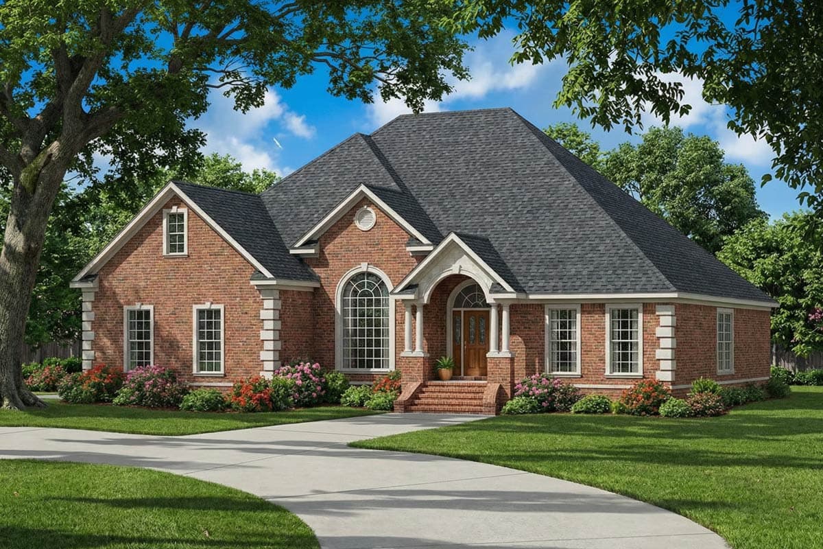 House plan exterior featuring a brick facade, gabled roof, and arched entryway with columns. Two-story structure with dormers and large windows.