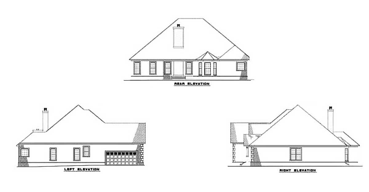 House plan showing rear, left, and right elevations. Features include a prominent gable roof, chimney, and a two-car garage on the left elevation.
