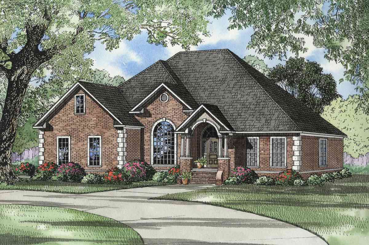 House plan exterior of a brick two-story home with arched windows, a covered entry porch, and gabled dormers.