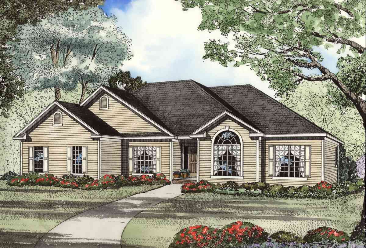 House plan exterior: Single-story house with gabled dormers, arched window, and front entrance.