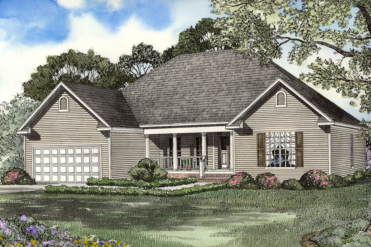 House plan exterior: single-story home with a covered front porch, a two-car garage, and a prominent gable dormer.