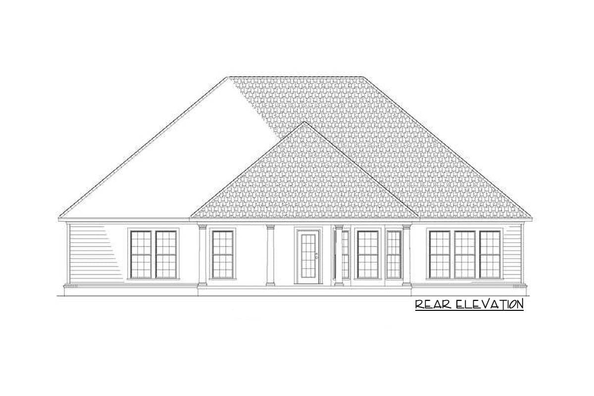 Rear elevation drawing of a one-story house plan with a hip roof, central entry, and multiple windows.