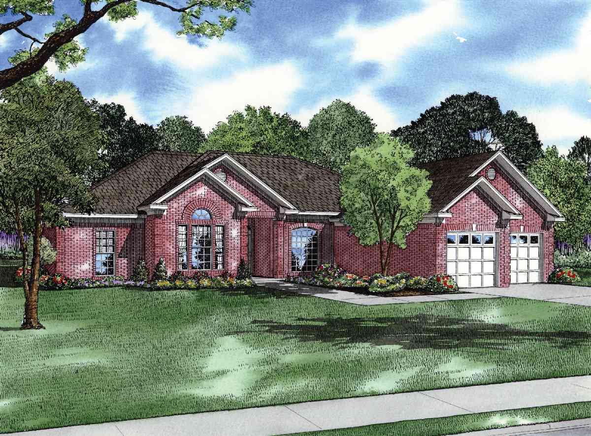 House plan exterior: Red brick ranch with a central arched window, side-entry garage, and gabled dormers.