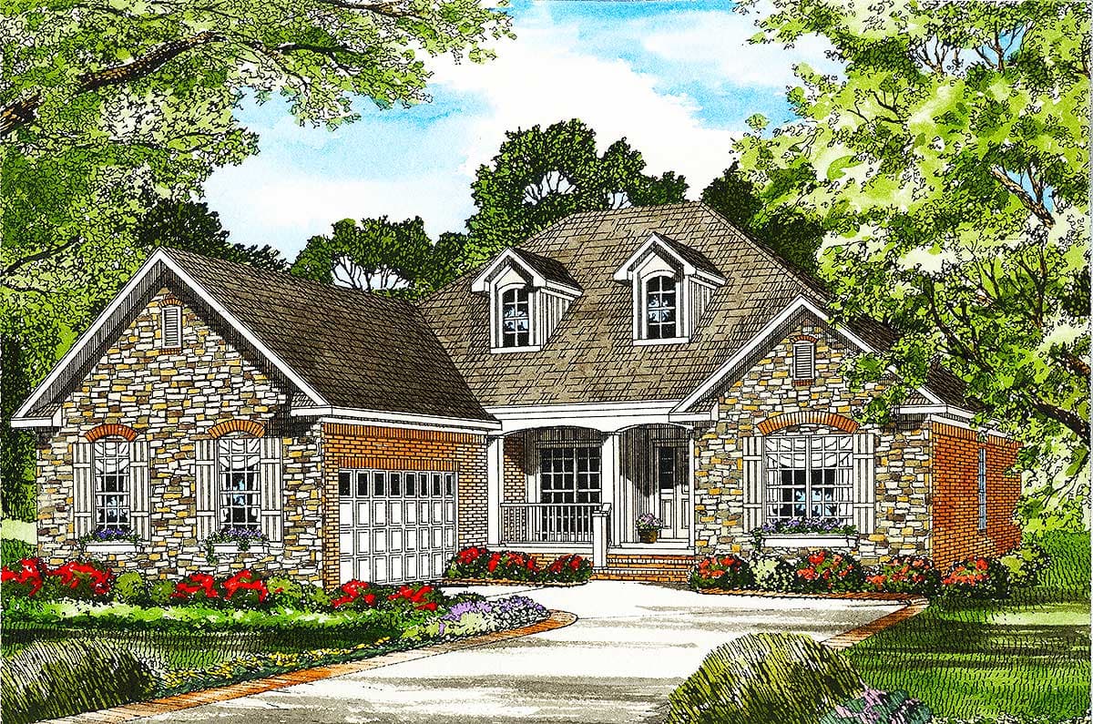 House plan exterior: One-story home with stone and brick facade, gabled dormers, covered front porch, and attached garage.