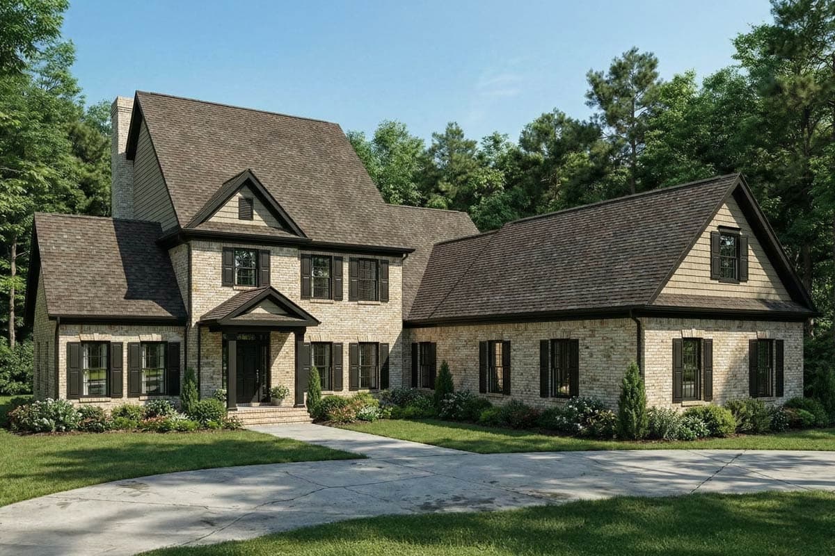 House plan exterior featuring two-story brick construction with multiple gables, a covered entry, and black shutters on the windows.