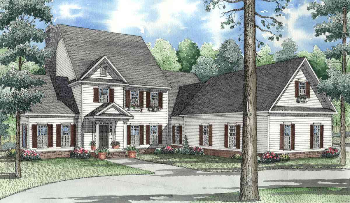 House plan exterior of a two-story home with a gable roof, portico entrance, dormer windows, and a side-facing garage.