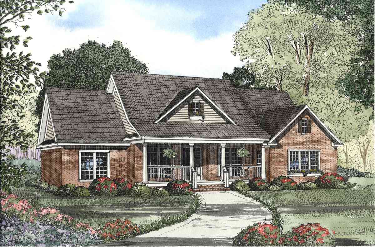 House plan exterior, single-story, brick facade, wide covered front porch with columns, and gabled dormer.