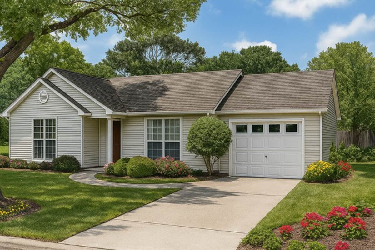 Ranch style house plan exterior with a single story, vinyl siding, gable, and attached two-car garage.