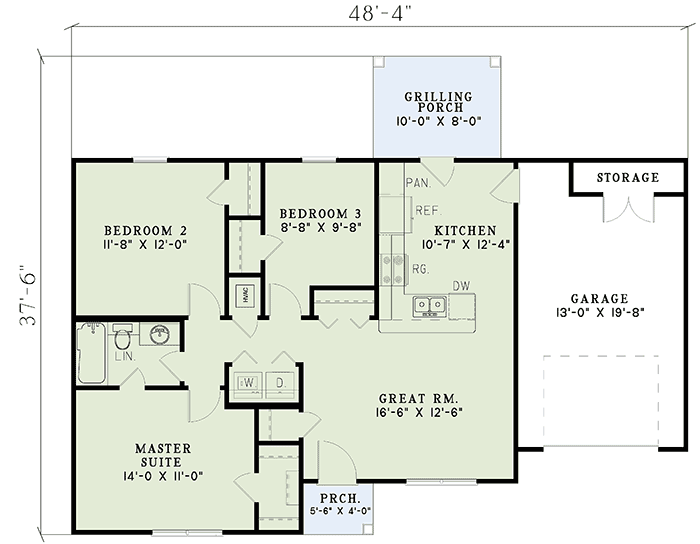 Plan 59587ND: 3-Bedroom Starter House Plan with 1-Car Garage - 965 Sq Ft - Floor Plan - Main Level - Ranch