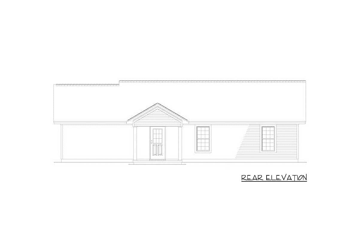 Rear elevation drawing of a one-story house with a gabled entry porch and two windows.