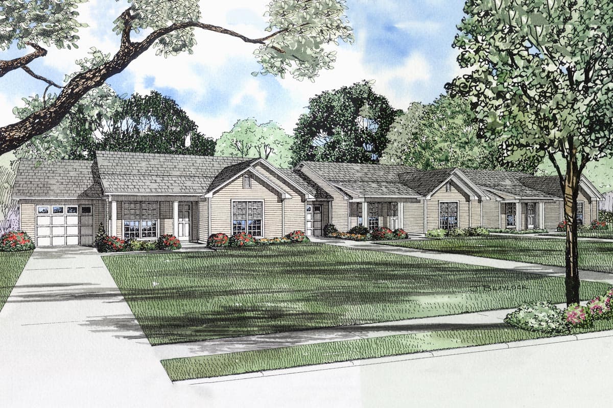 House plan exterior of a single-story Modern Farmhouse with a two-car garage, gabled dormers, and covered porches.