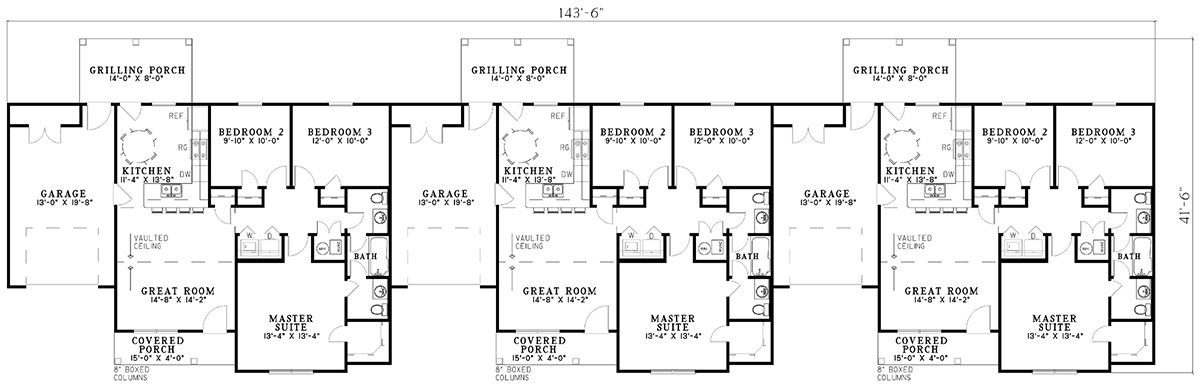 Plan 59590ND: Triplex House Plan - 3 Bed Units - 1075 Sq Ft - Architectural Designs - Floor Plan - Main Level - Ranch, Traditional