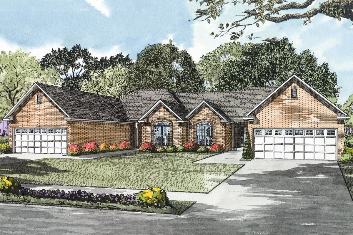 House plan exterior: Brick ranch with three garage bays, arched windows, and multiple gables.