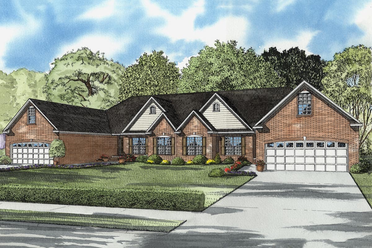 House plan exterior: One-story brick home with a multi-gable roofline, two garages, and arched dormers.