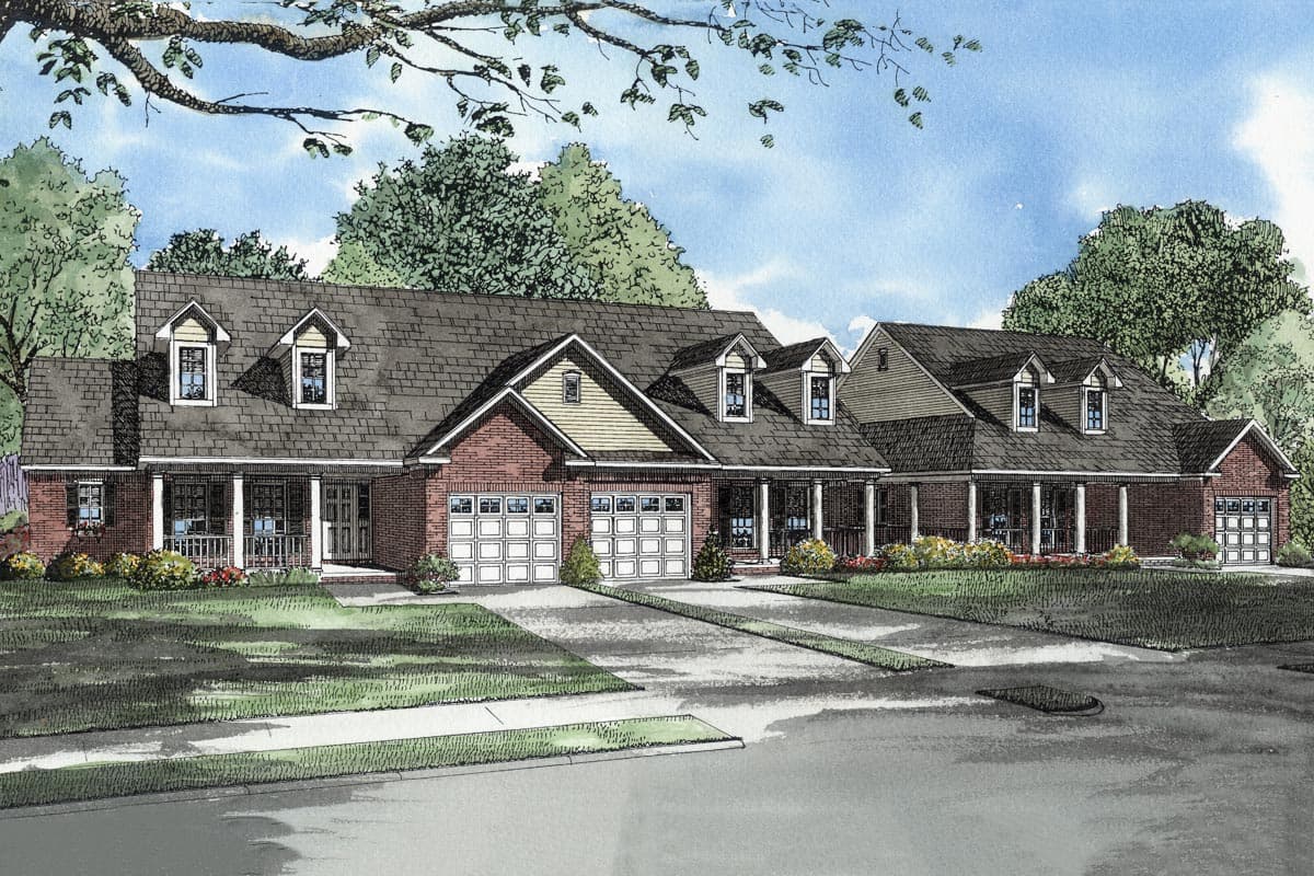 House plan exterior: two-story modern farmhouse with brick facade, prominent gables, dormers, and covered porches.