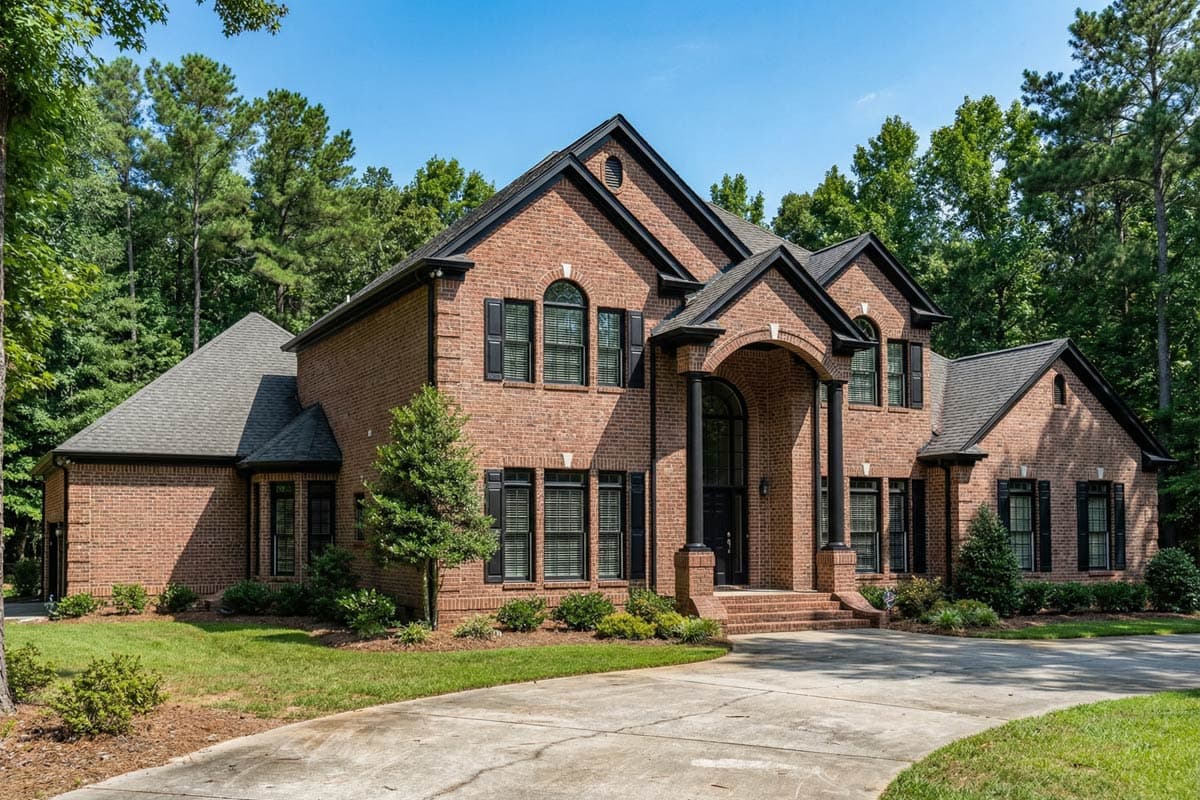 House plan exterior. Two-story brick home with arched entry, gabled rooflines, and black shutters on arched windows.