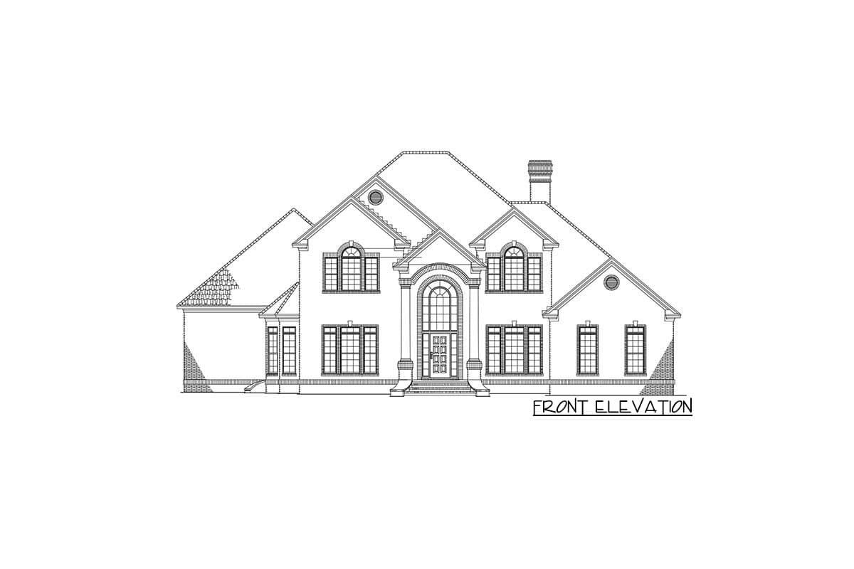 Front elevation drawing of a two-story house with arched entryway, multiple gables, and decorative window details.
