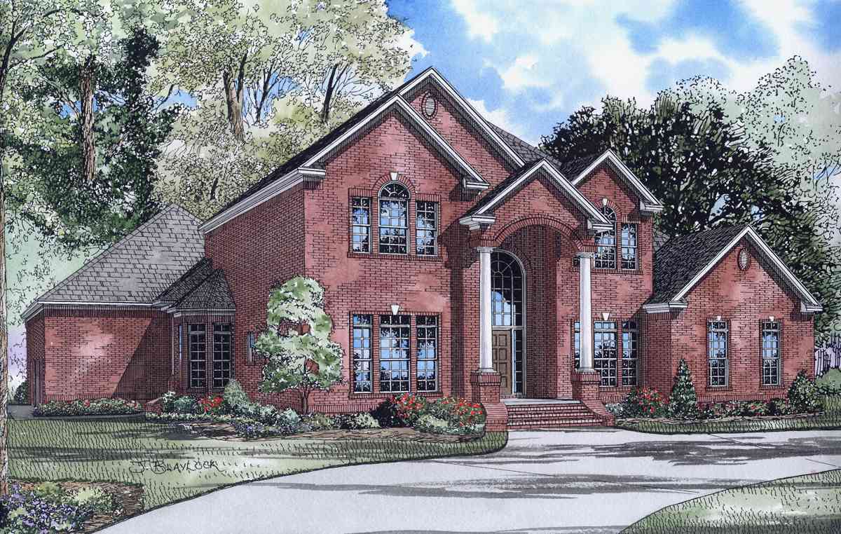 House plan exterior: Two-story red brick home with arched entryway, multiple gables, and multi-pane windows.