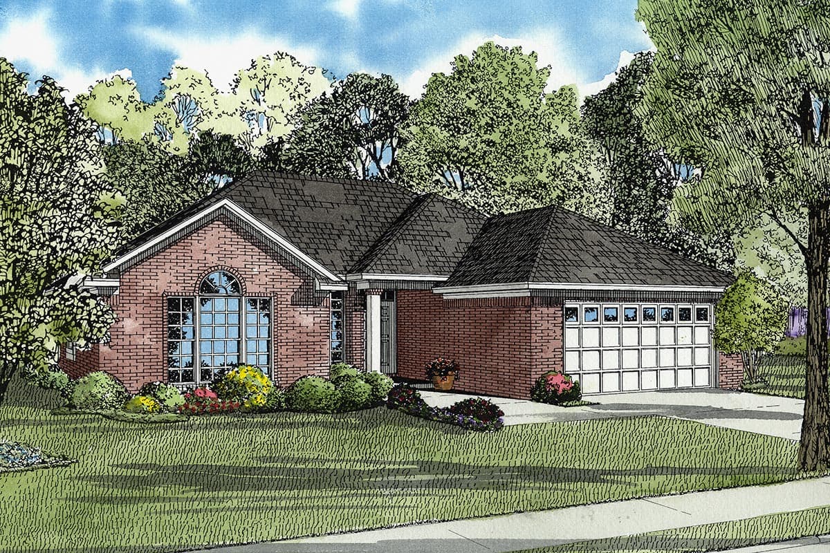 House plan exterior: Single-story brick home with arched window, covered entry, and a two-car garage.