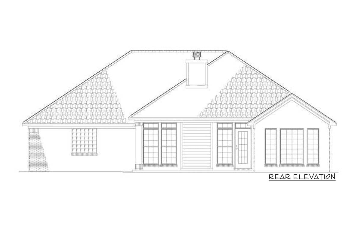 Rear elevation house plan showing a single-story home with a pitched roof, dormer, chimney, brick accents, and multiple windows.