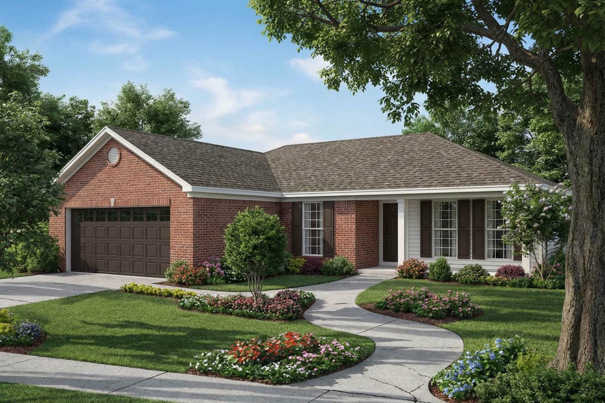 House plan exterior. Single-story home with a brick facade and gabled roof. Features include a garage and a covered front porch.