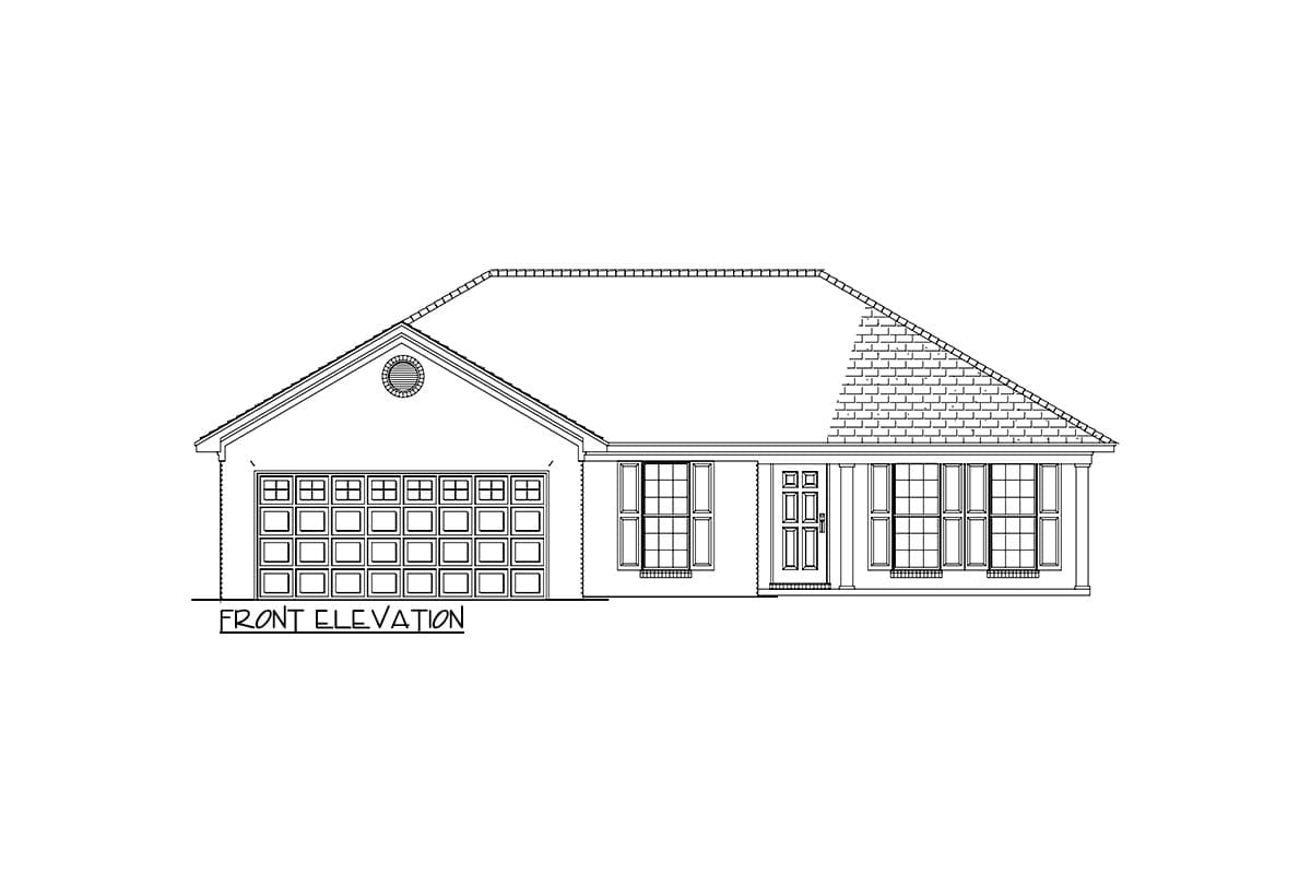 Front elevation house plan: single-story with attached garage, central door, and large windows with shutters.