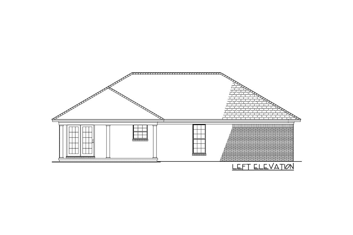 Left elevation of a one-story house plan featuring double doors, two windows, and a brick base.