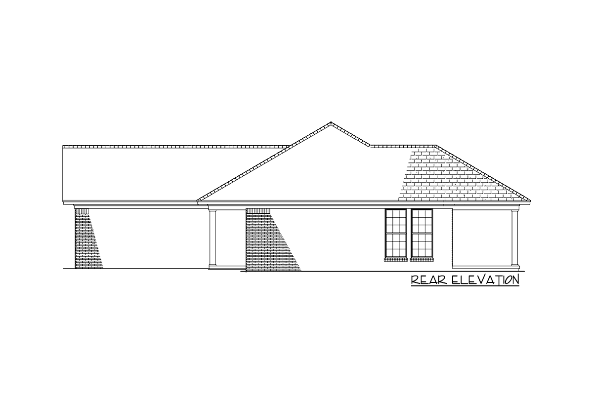 Rear elevation drawing of a one-story house plan with brick accents, covered porch, and multi-pane windows.