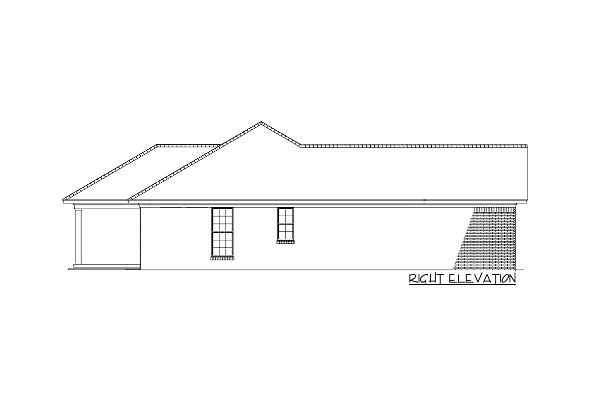 Right elevation house plan: single-story, gabled roof, porch, two windows, brick base.