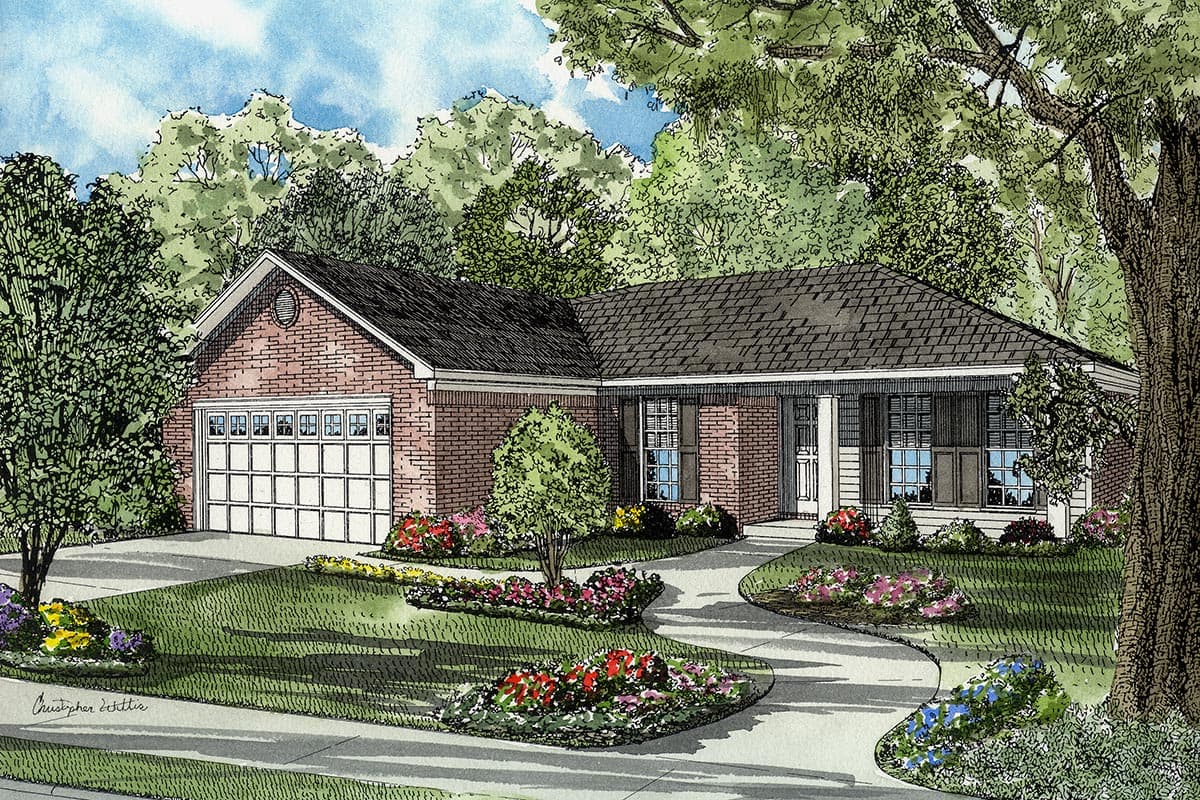 House plan exterior: One-story brick home with a two-car garage, covered porch with columns, and multiple gables.
