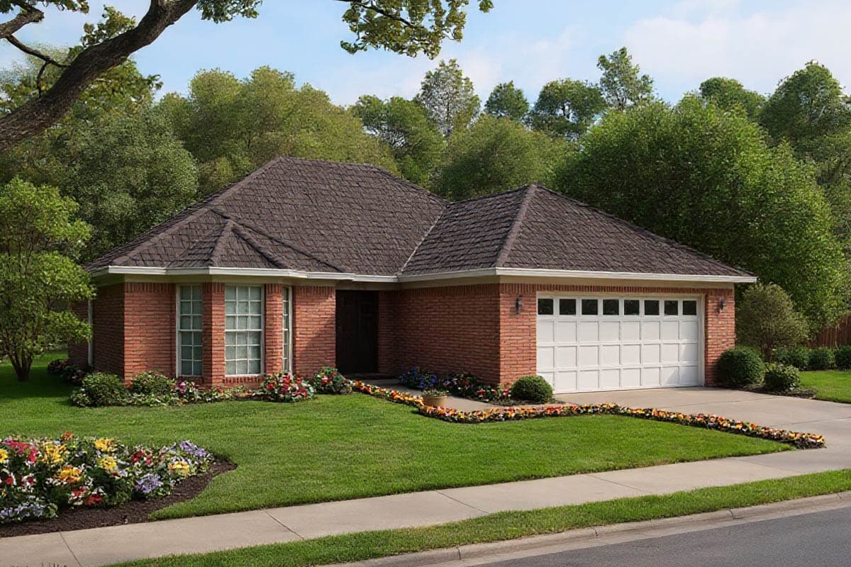 Ranch-style house plan exterior with brick facade, gable roof, bay window, and attached two-car garage.