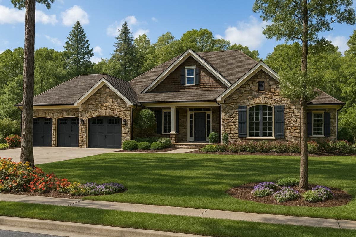 House plan exterior: Stone-clad, one-story home with a three-car garage, gabled roof, and covered entry porch.