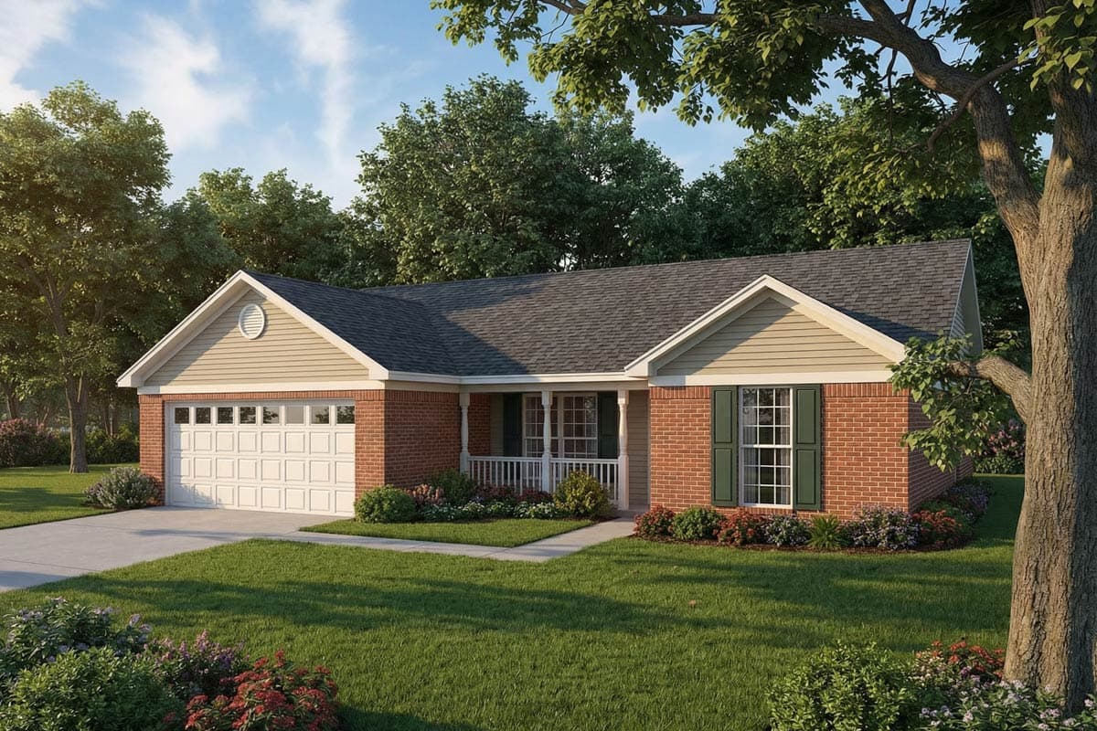 Ranch-style house plan exterior with brick facade, covered front porch, attached garage, and gabled dormer.