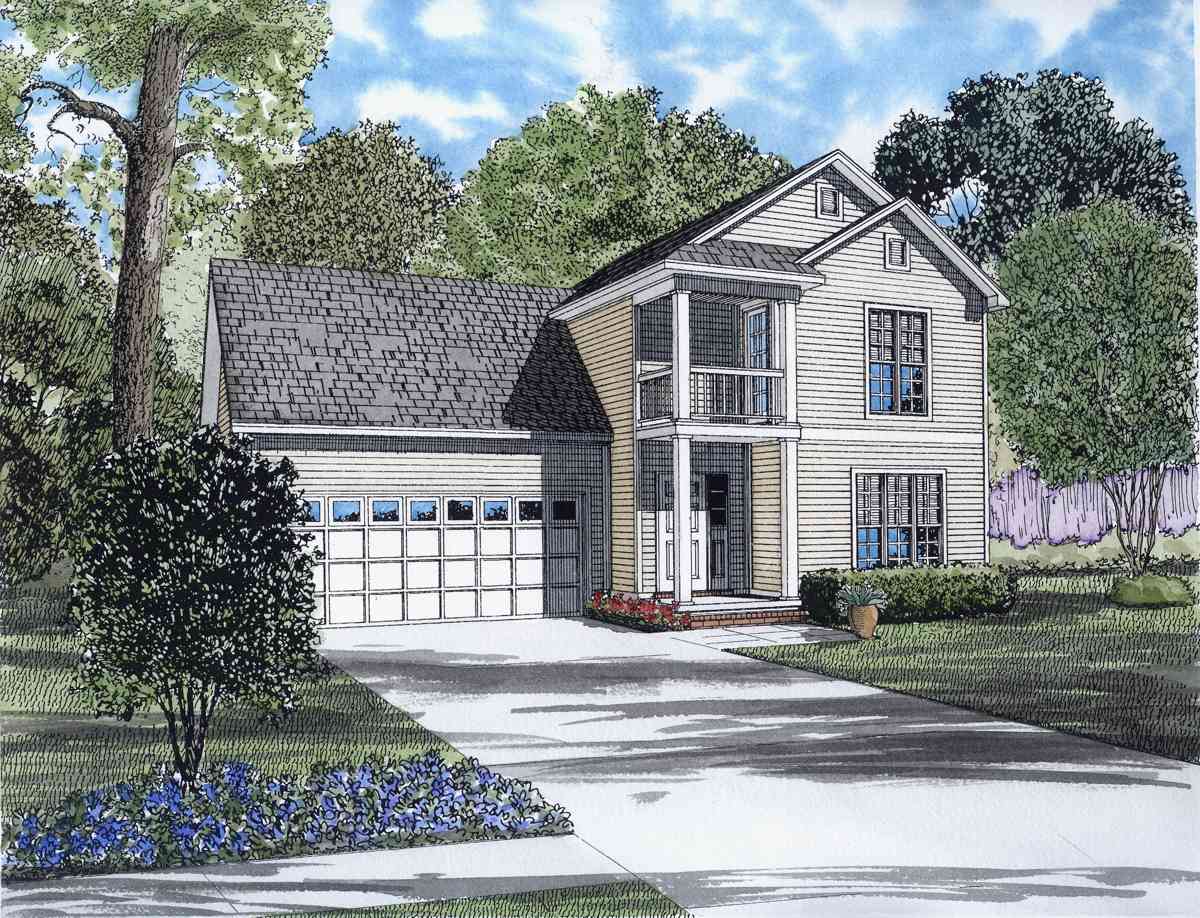 House plan exterior: Two-story home with a two-car garage, covered front porch with balcony, and gabled dormers.