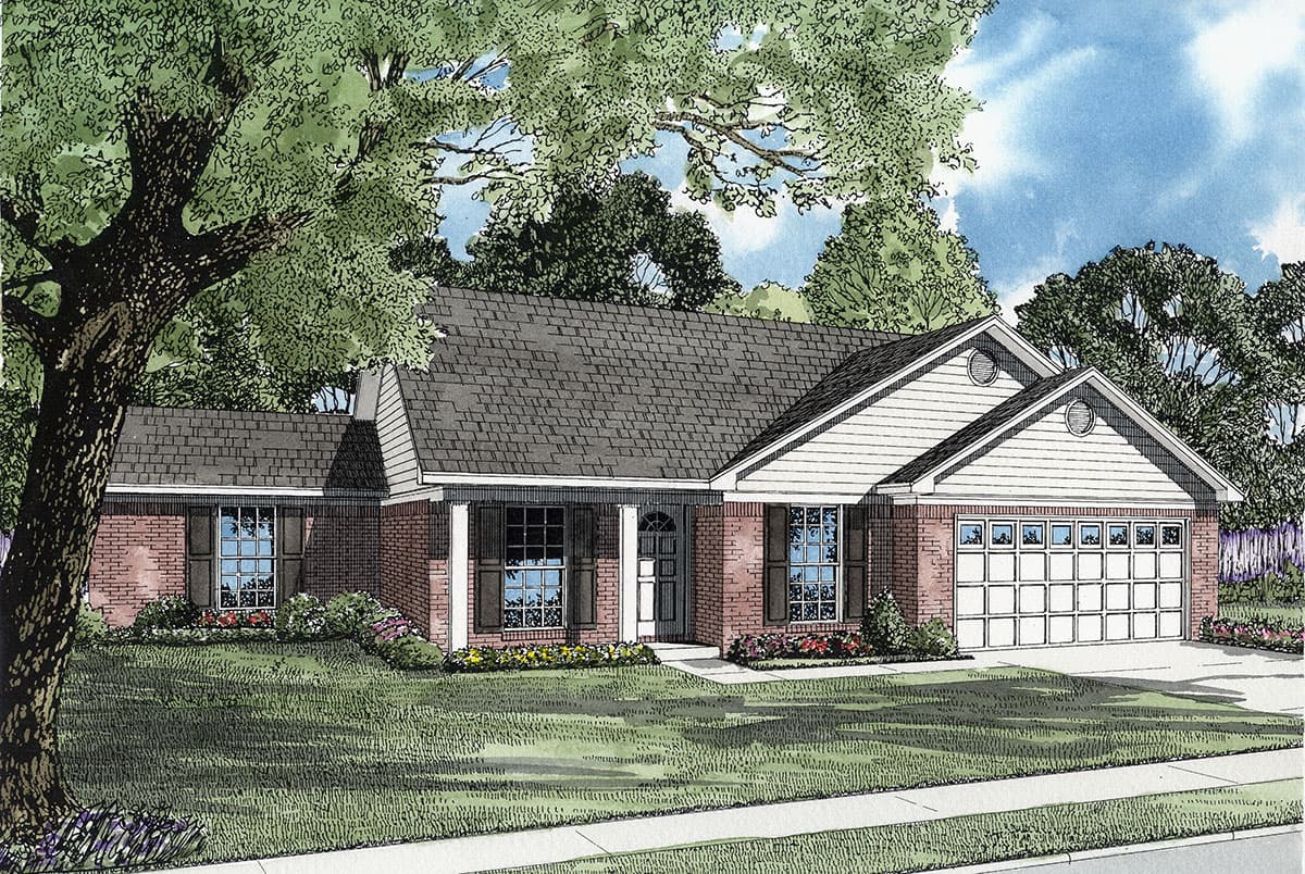 Ranch house plan exterior with brick facade, covered entry porch, gabled dormers, and a two-car garage.
