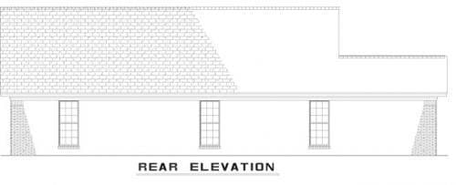 Rear elevation drawing of a house plan with three windows and a hipped roof.