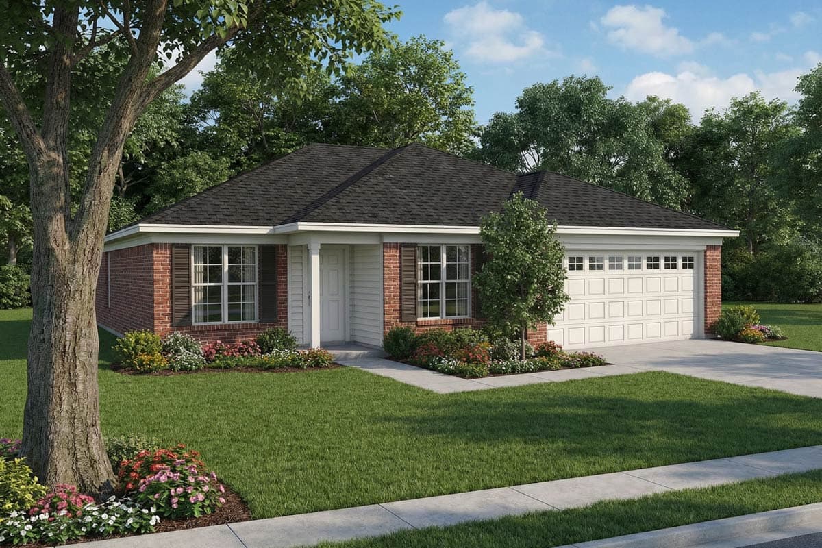 House plan exterior: One-story ranch with brick facade, covered entry, shutters, and a two-car garage.