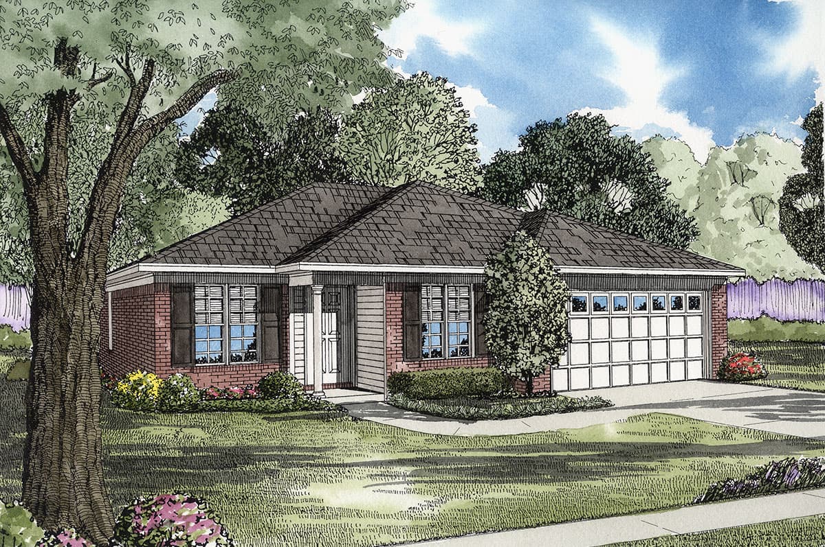 Ranch-style house plan exterior with brick facade, covered entry with columns, multiple gables, and a two-car garage.