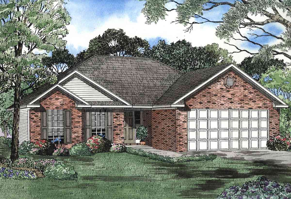 House plan exterior of a one-story brick home with a covered entry, dormer, and two-car garage.