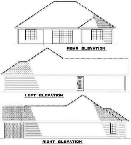 Rear, left, and right elevations of a single-story house plan with a prominent gable end and attached garage.