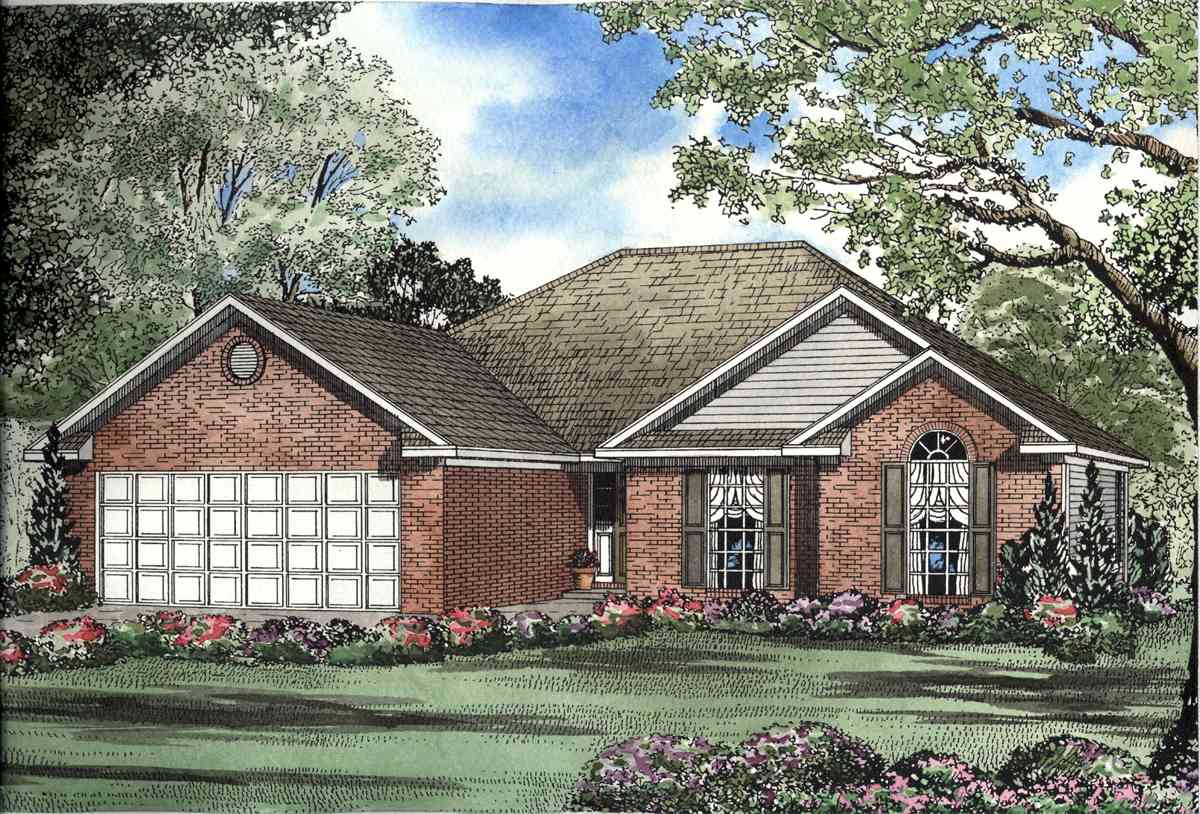 House plan exterior: Brick ranch with two-car side-entry garage, prominent gables, and arched window detail.