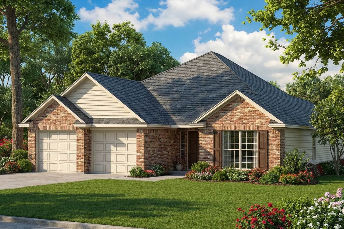 A two-car garage brick home with a gray roof and a lush green lawn, surrounded by trees and bushes under a partly cloudy sky.